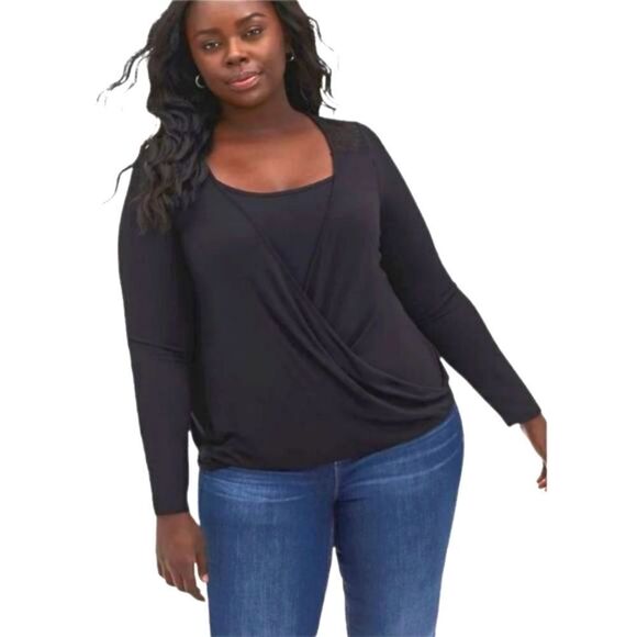 TORRID Plus Size New Black Knit Rayon Span Surplice Lace Back Long sleeve Top. - Picture 4 of 12